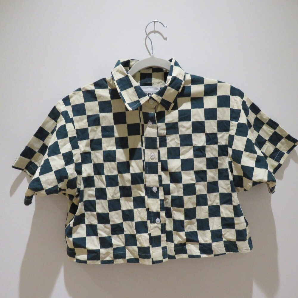DUSHYANT Hand Printed 'The Cami' Crop Shirt in Green & White Chessboard Mod XS - Picture 2 of 13
